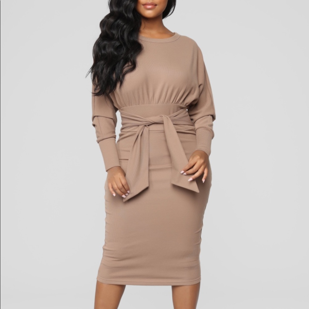 Taupe Midi Dress with Tie Waist-Large